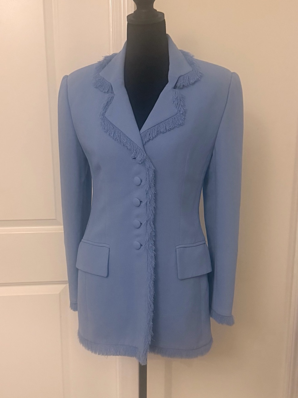 Tailored Light Blue Fringe-Trim Blazer